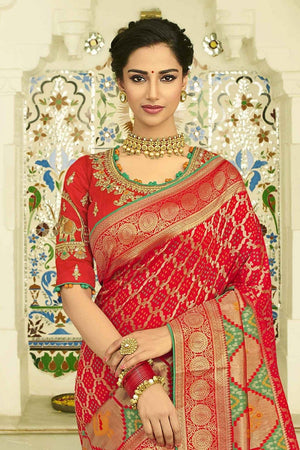 Red Green Designer Banarasi Patola Fusion Saree