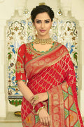 Red green designer banarasi patola fusion saree with embroidered silk blouse Wedding sutra collection Buy online on Karagiri Free shipping to USA