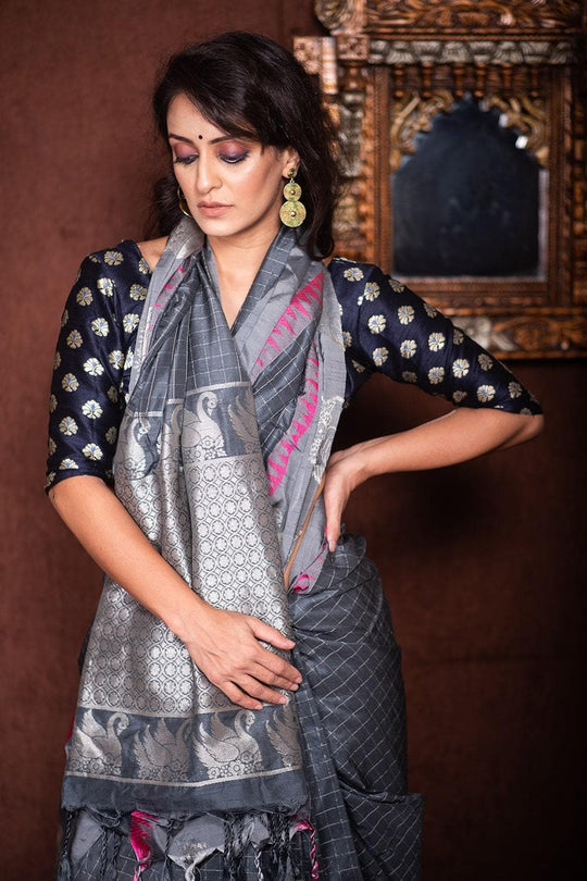 Anchor Grey Banarasi Raw Silk Saree