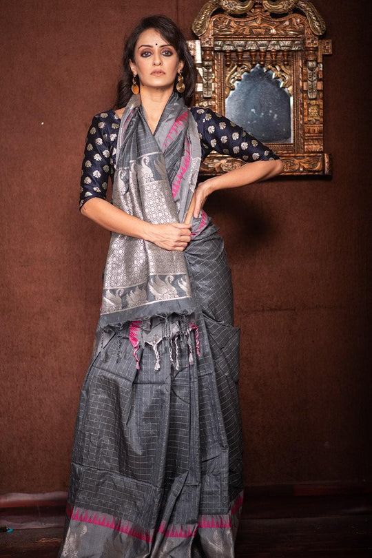 Anchor Grey Banarasi Raw Silk Saree