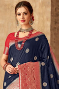 Banarasi - Raw Silk Saree Bridal Navy Blue Woven Saree - Woven Fusion Of Banarasi & Raw Silk saree online