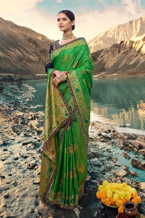 Bright Green Designer Saree With Embroidered Silk Blouse - Woven Fusion Of Banarasi & Raw Silk