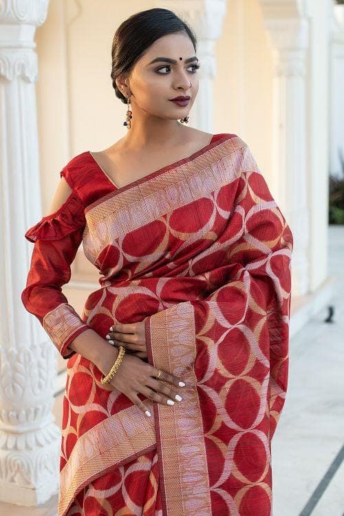 Burgundy Red Banarasi Raw Silk Fusion Saree