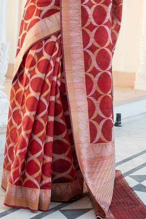 Burgundy Red Banarasi Raw Silk Fusion Saree