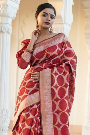 Burgundy Red Banarasi Raw Silk Fusion Saree
