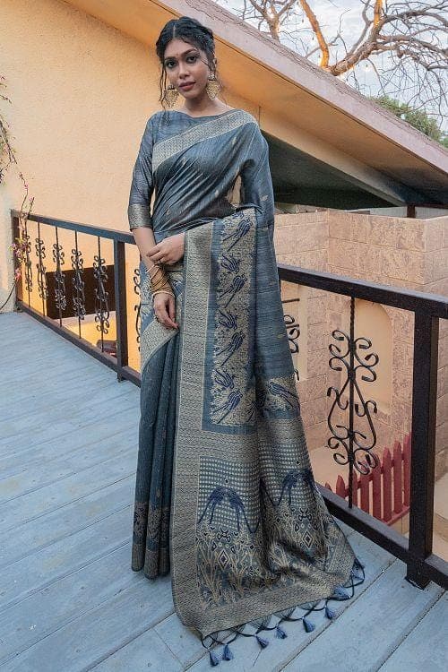 Cadet Grey Banarasi Raw Silk Saree