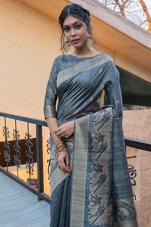 Cadet Grey Banarasi Raw Silk Saree