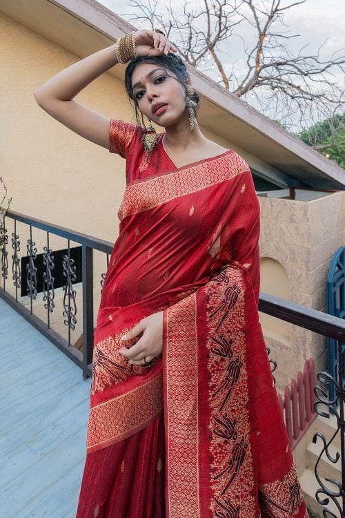 Carmine Red Banarasi Raw Silk Saree