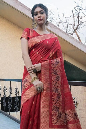 Carmine Red Banarasi Raw Silk Saree