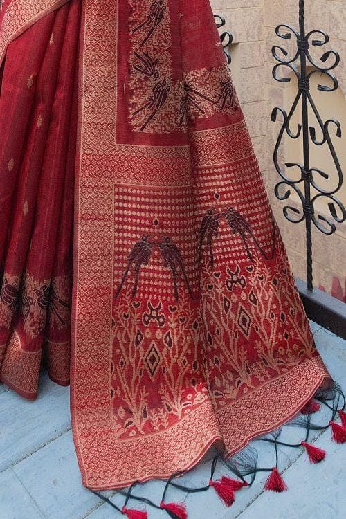 Carmine Red Banarasi Raw Silk Saree