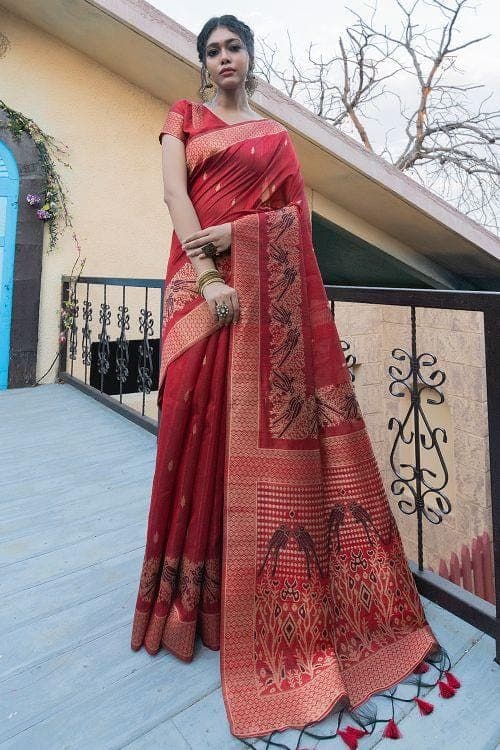 Carmine Red Banarasi Raw Silk Saree