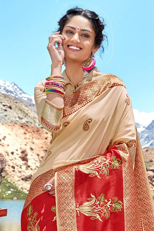 Cream And Red Woven Saree - Woven Fusion Of Banarasi & Raw Silk