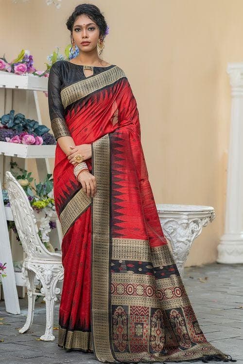 Crimson Red Banarasi Raw Silk Saree