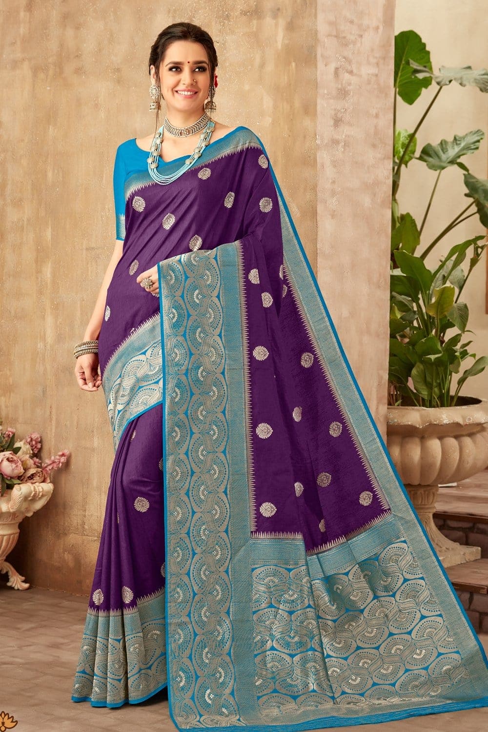 Buy Deep voilet woven saree - woven fusion of Banarasi & raw silk ...