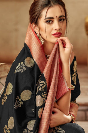 Gracious Black Woven Saree - Woven Fusion Of Banarasi & Raw Silk