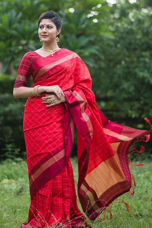 Imperial Red Banaras Raw Silk Saree
