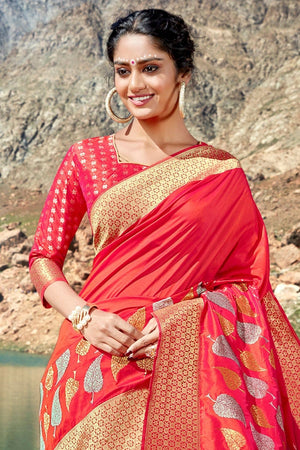Imperial Red Woven Saree - Woven Fusion Of Banarasi & Raw Silk