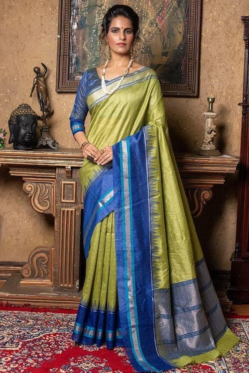 Olive Green Banarasi Raw Silk Saree