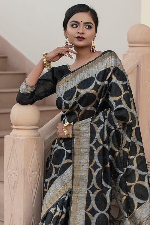 Pitch Black Banarasi Raw Silk Fusion Saree