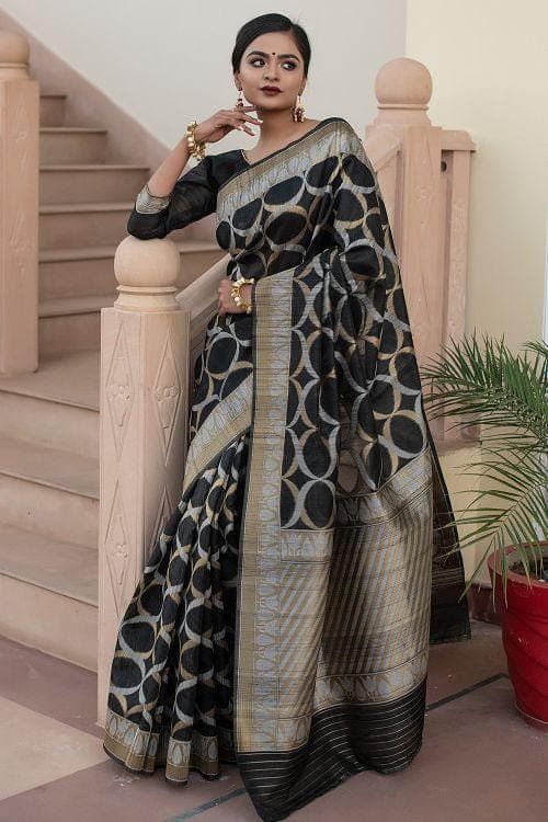 Pitch Black Banarasi Raw Silk Fusion Saree