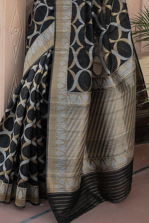 Pitch Black Banarasi Raw Silk Fusion Saree