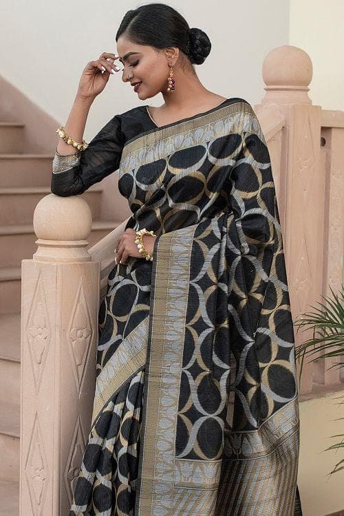 Pitch Black Banarasi Raw Silk Fusion Saree