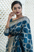 Prussian Blue Banarasi Raw Silk Fusion Saree