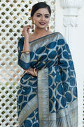 Prussian Blue Banarasi Raw Silk Fusion Saree