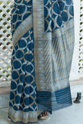 Prussian Blue Banarasi Raw Silk Fusion Saree