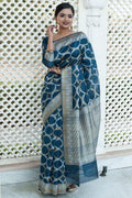 Prussian Blue Banarasi Raw Silk Fusion Saree