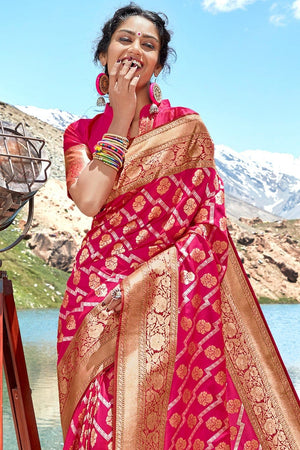 Ruby Pink Woven Saree - Woven Fusion Of Banarasi & Raw Silk
