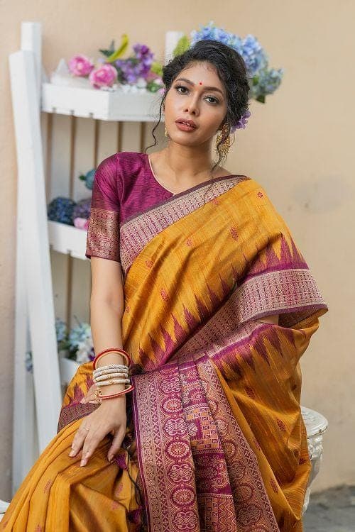Saffron Yellow Banarasi Raw Silk Saree