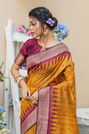 Saffron Yellow Banarasi Raw Silk Saree