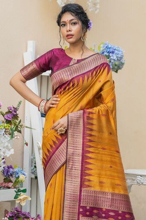 Saffron Yellow Banarasi Raw Silk Saree