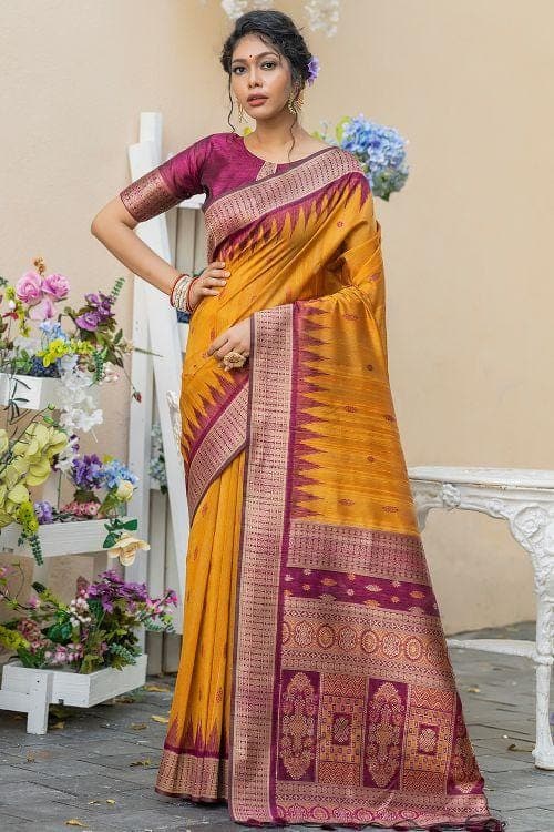 Saffron Yellow Banarasi Raw Silk Saree