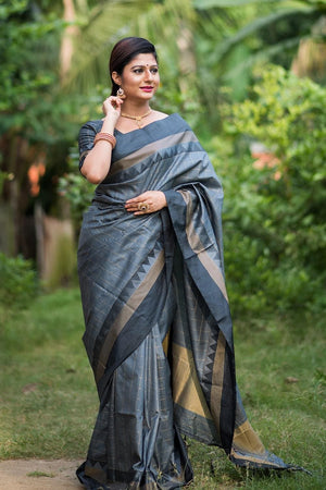 Slate Grey Banaras Raw Silk Saree