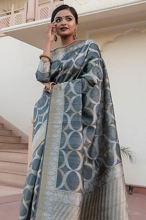 Slate Grey Banarasi Raw Silk Fusion Saree