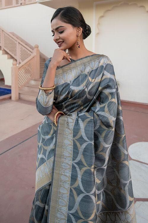 Slate Grey Banarasi Raw Silk Fusion Saree