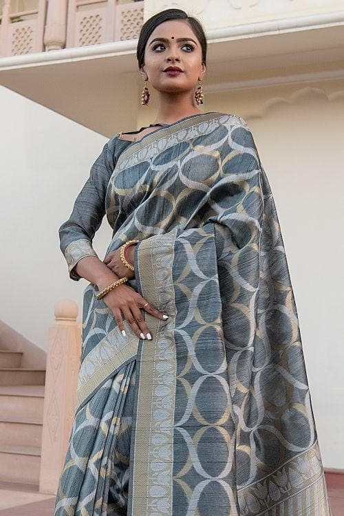 Slate Grey Banarasi Raw Silk Fusion Saree