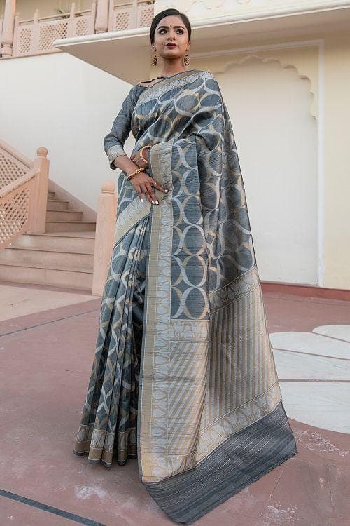 Slate Grey Banarasi Raw Silk Fusion Saree