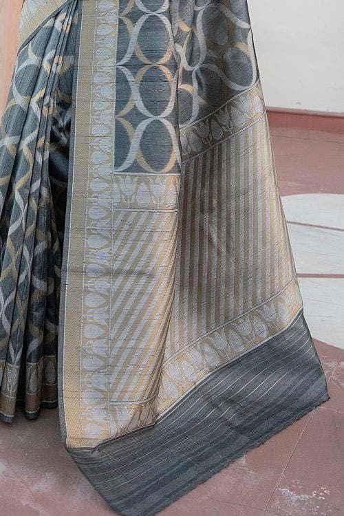 Slate Grey Banarasi Raw Silk Fusion Saree