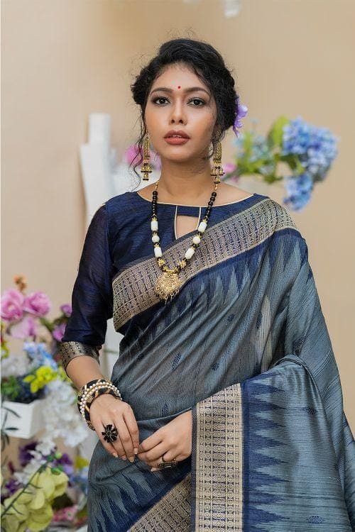Slate Grey Banarasi Raw Silk Saree