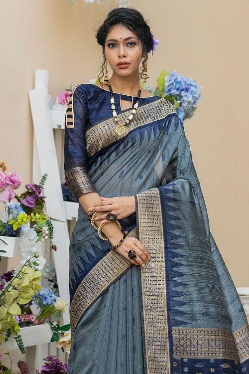 Slate Grey Banarasi Raw Silk Saree
