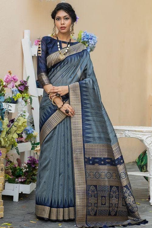 Slate Grey Banarasi Raw Silk Saree