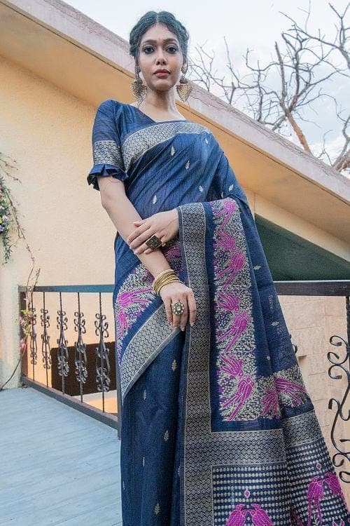 Steel Blue Banarasi Raw Silk Saree
