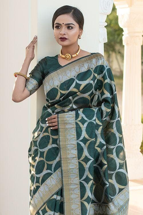 Timber Green Banarasi Raw Silk Fusion Saree