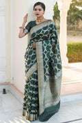 Timber Green Banarasi Raw Silk Fusion Saree