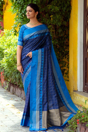 Tory Blue Blended Raw Silk Saree