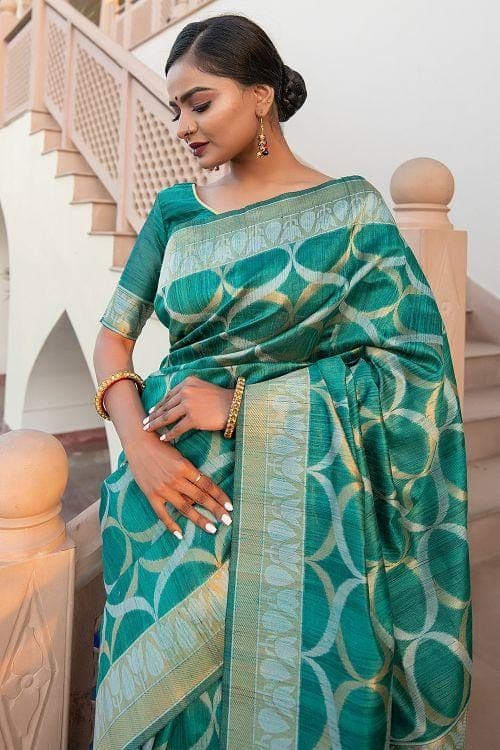 Turkish Blue Banarasi Raw Silk Fusion Saree