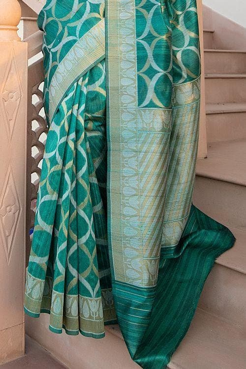 Turkish Blue Banarasi Raw Silk Fusion Saree